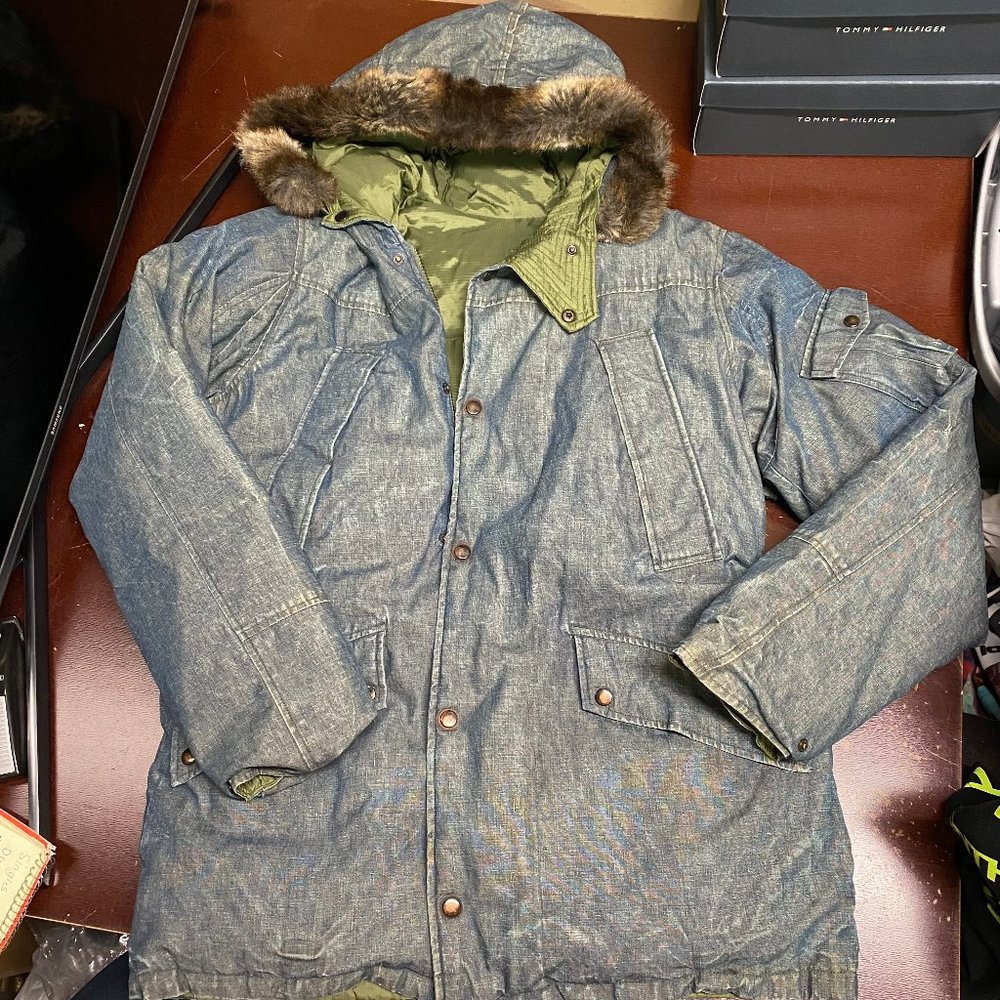 Classic Mens Blue Olive Reversible Long Sleeve Full Zip Puffer Jacket Size XL